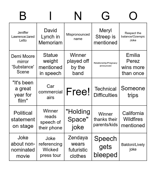 OSCARS Bingo Card