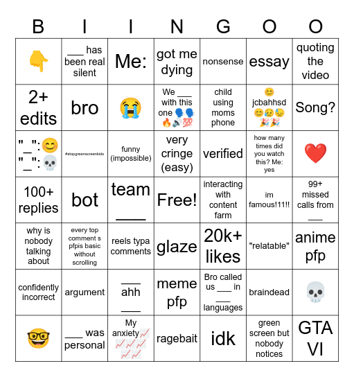 youtube shorts and replies bingo Card