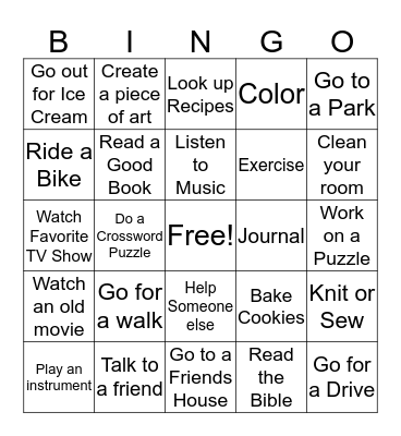 Coping Skills Bingo Card