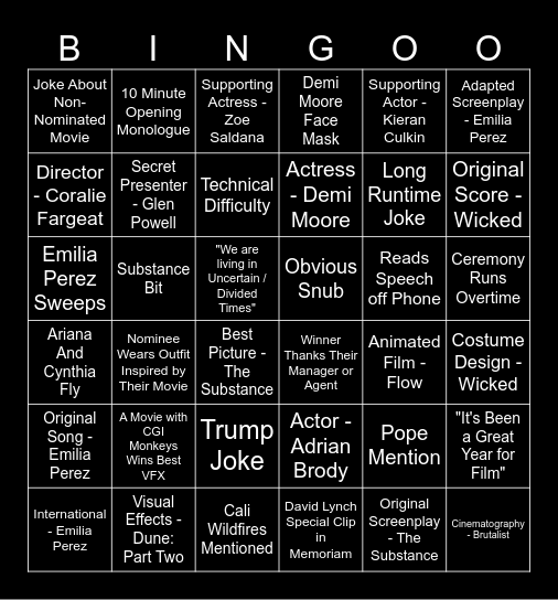 97th Oscars Bingo Card