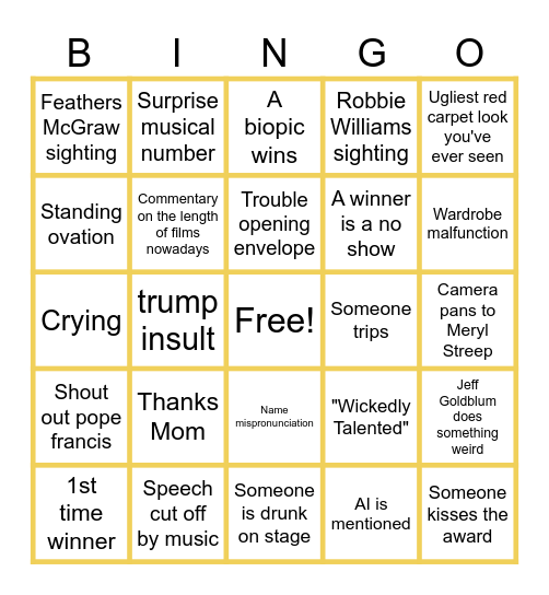 Rio Oscars Party 2025 Bingo Card