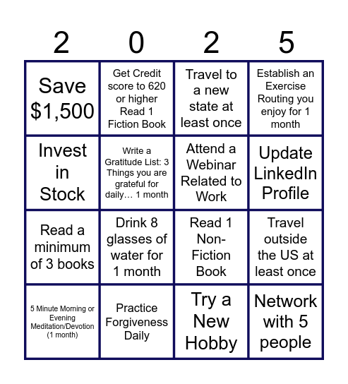 2025 Goals Bingo Card