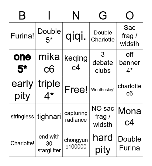Furina Summons Bingo Card