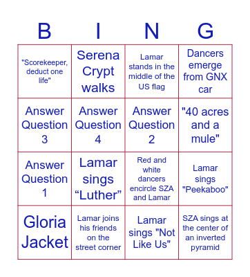 Halftime Show Bingo Card
