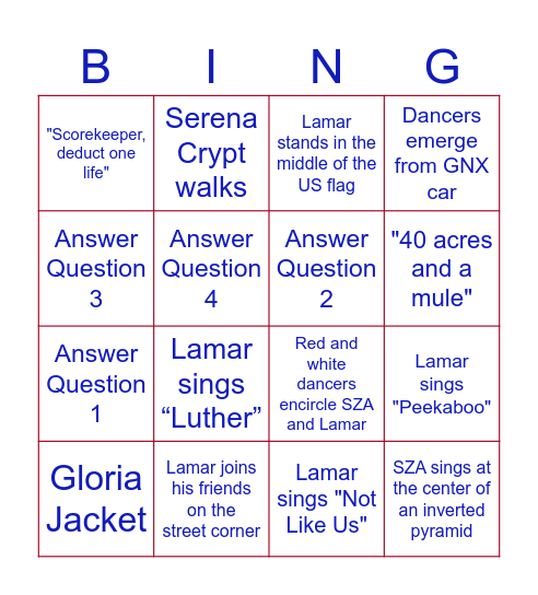 Halftime Show Bingo Card
