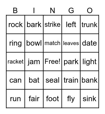 Multiple Meaning Bingo Card