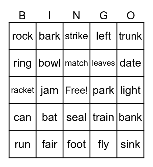 Multiple Meaning Bingo Card