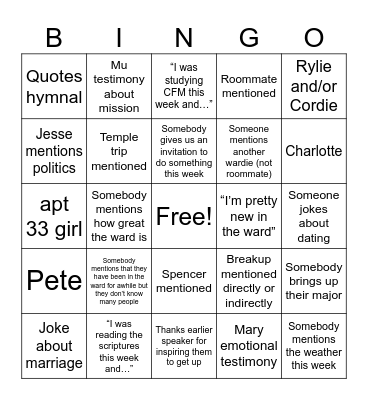 Fast and Testimony Bingo Card