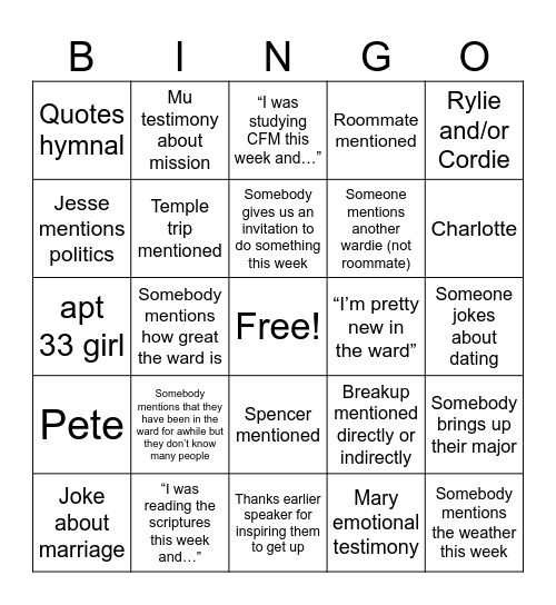 Fast and Testimony Bingo Card