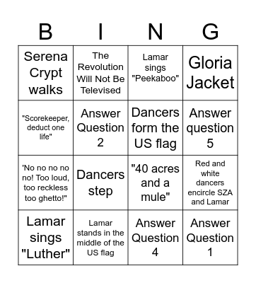 Halftime Show Bingo Card