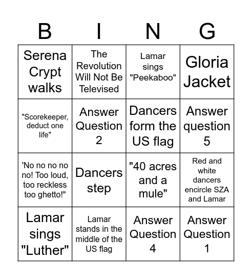 Halftime Show Bingo Card