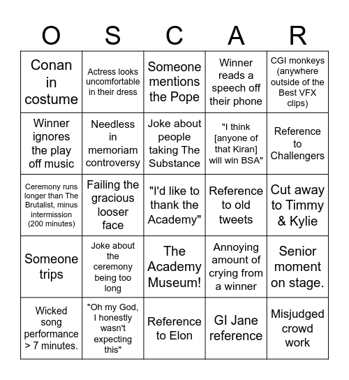 Oscars 2025 Bingo Card