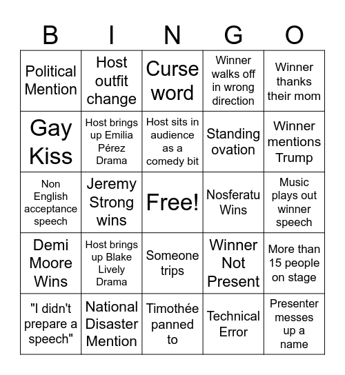 2025 OSCAR BINGO! Bingo Card