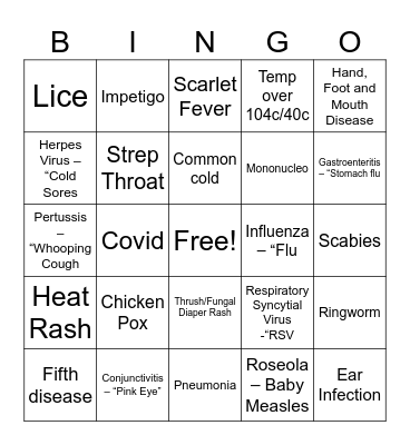 Daycare Illness Bingo Card