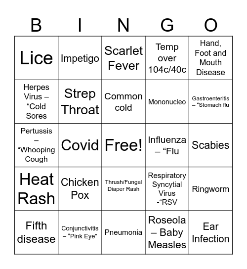 Daycare Illness Bingo Card