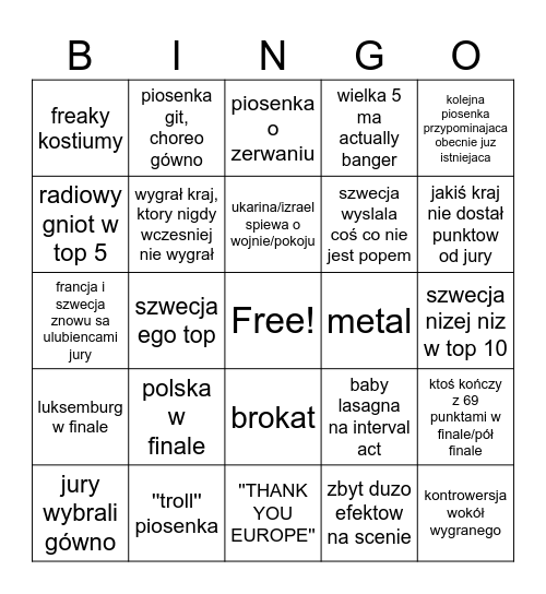 Eurowizja bingo Card