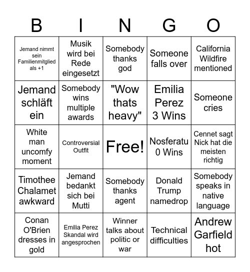 Oscar Bingo Card