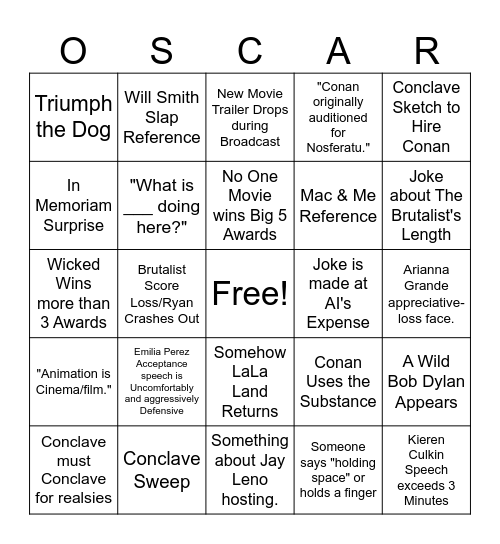 Academy Awards 2025 Bingo Card