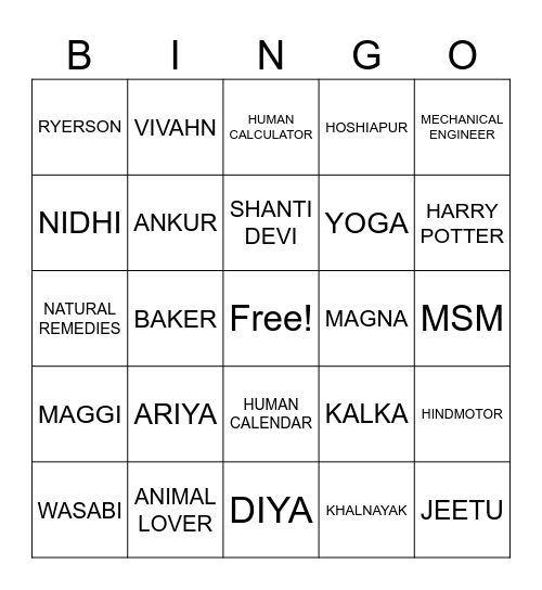 JITENDAR'S BINGO Card