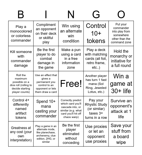 Game Kastle Commander Bingo Card