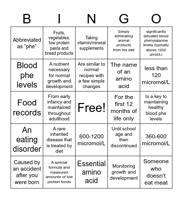 PKU Bingo Card