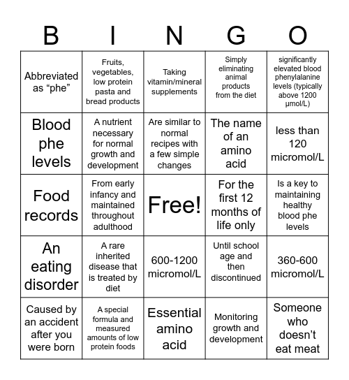 PKU Bingo Card