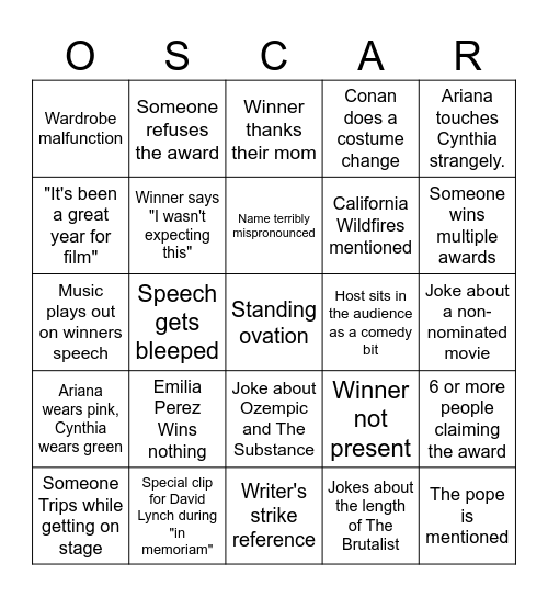 Oscars 2025 Bingo Card