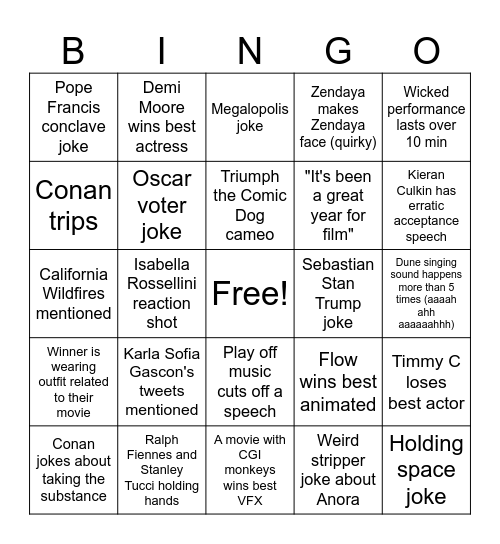 Oscars Bingo Card