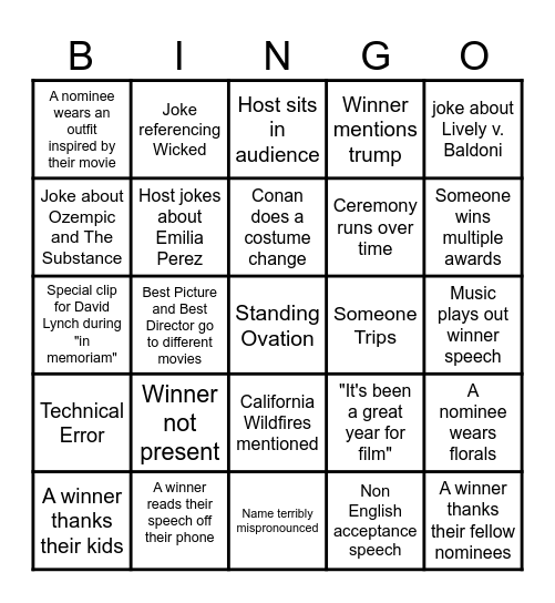 Oscars 2025 Bingo Card