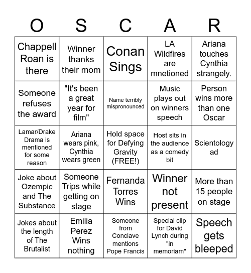Oscars 2025 Bingo Card