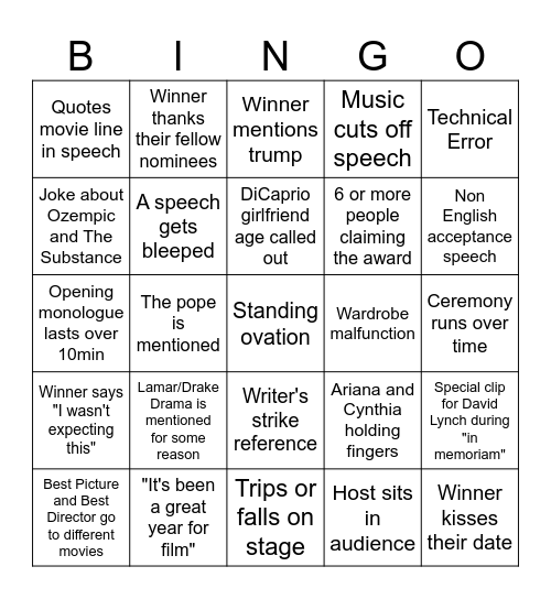 Oscars 2025 Bingo Card