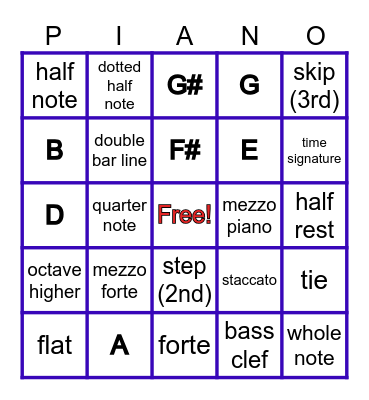 Piano Party Bingo Card