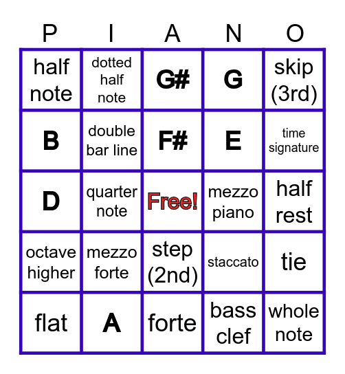 Piano Party Bingo Card