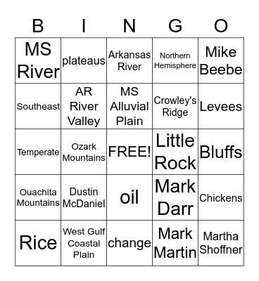 Arkansas History Bingo Card