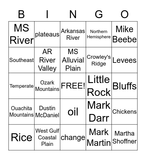 Arkansas History Bingo Card