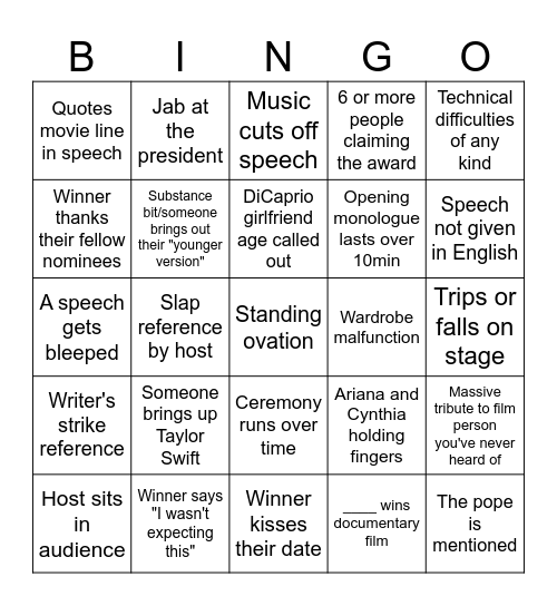 Oscars 2025 Bingo Card