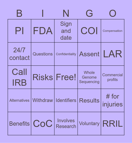 Duke Informed Consent BINGO Card