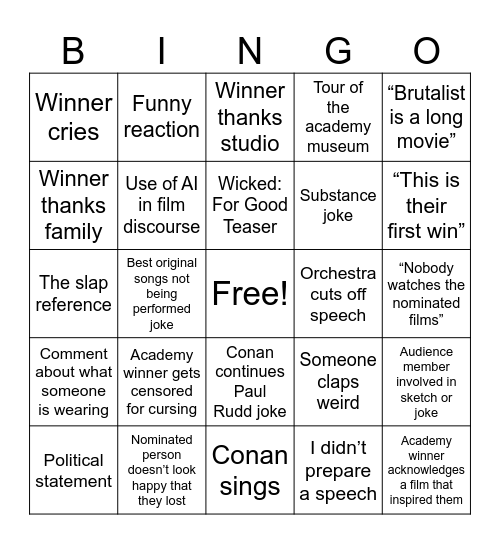 Oscar’s 2025 Bingo Card