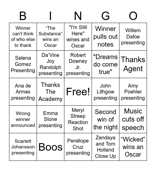 Oscars Bingo Card