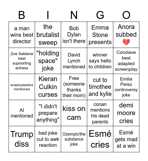 Oscars 2025 Bingo Card