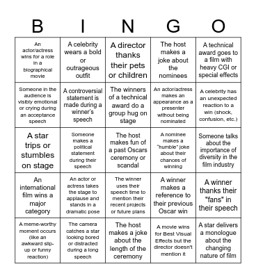 Oscars 2025 Bingo Card