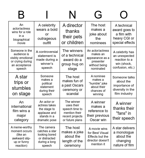 Oscars 2025 Bingo Card