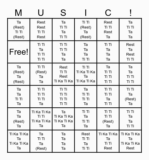 Rhythm Bingo Card