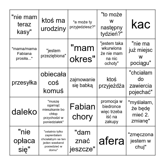 PRZYJAZD Bingo Card