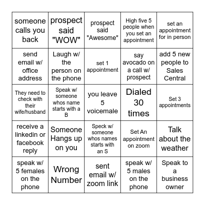 Call Session Bingo Card