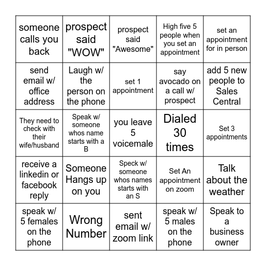 Call Session Bingo Card