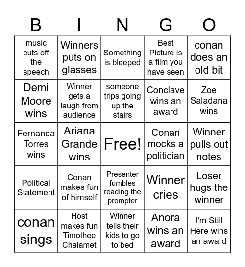 Oscars 2025 Bingo Card