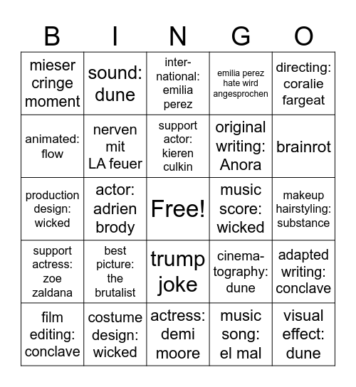 oscars Bingo Card
