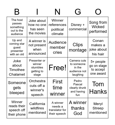OSCARS 2025 Bingo Card