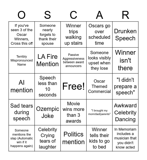 Oscar Bingo Card